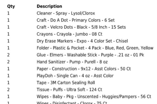Lifeskills Supply List