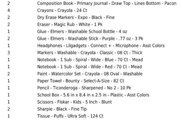 Kinder Supply List