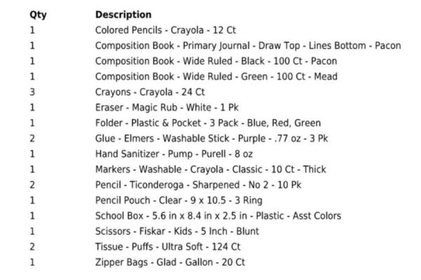 First Grade Boy Supply List