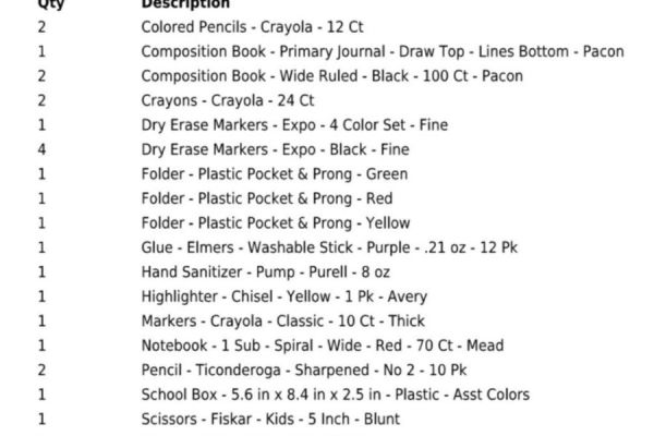 Second Grade Supply List