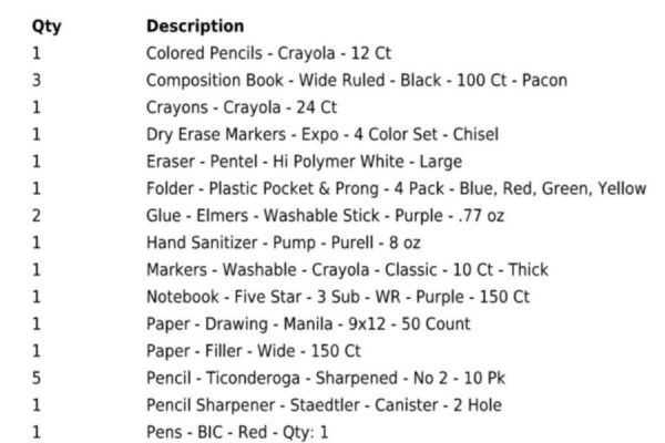 Fourth Grade Supply List