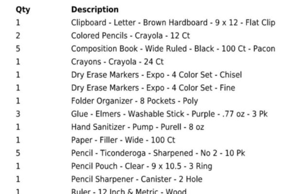 Fifth Grade Supply List